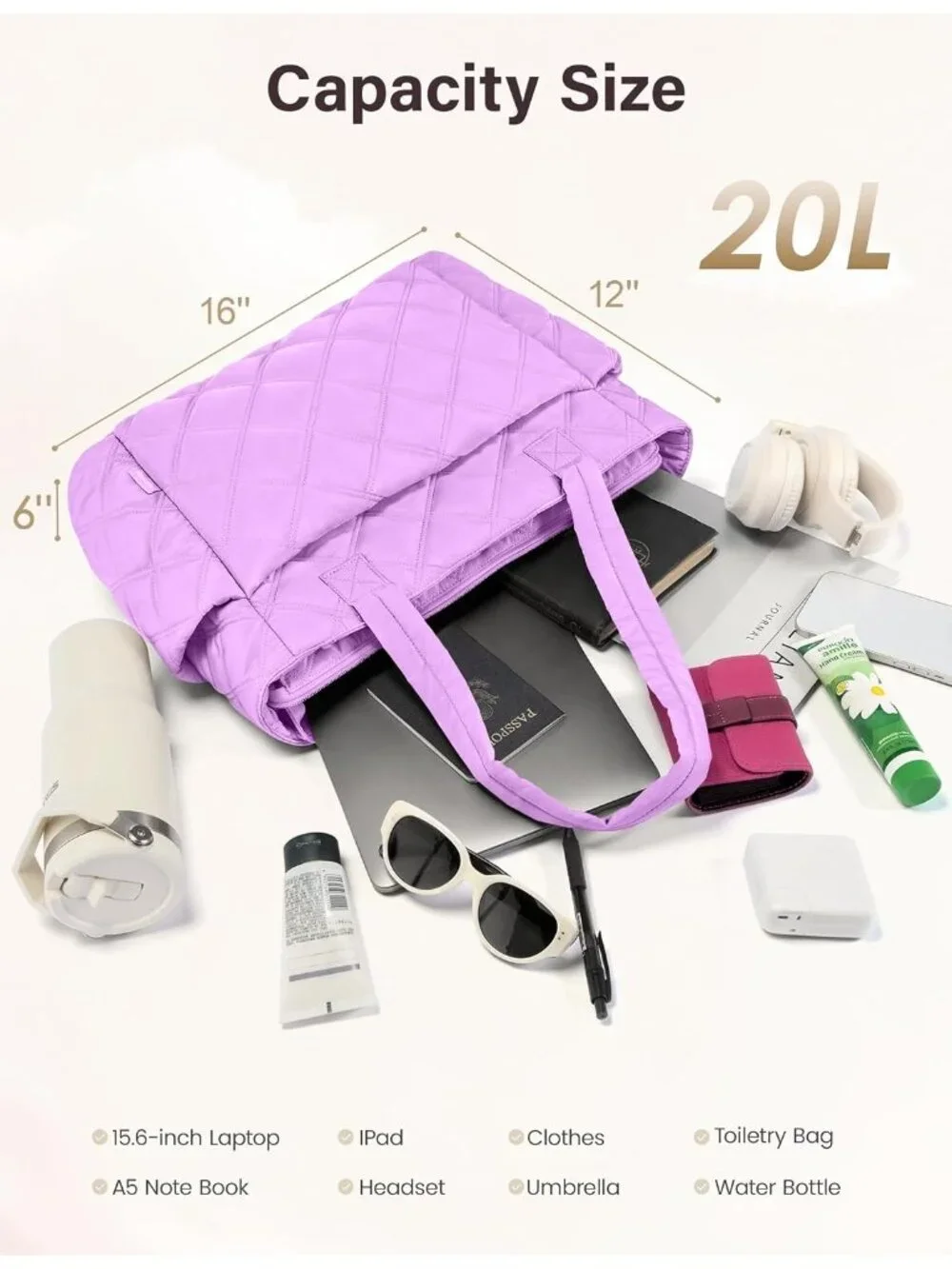 👜Women's Purple Puffer Tote Bags Lightweight Quilted Work For Travel